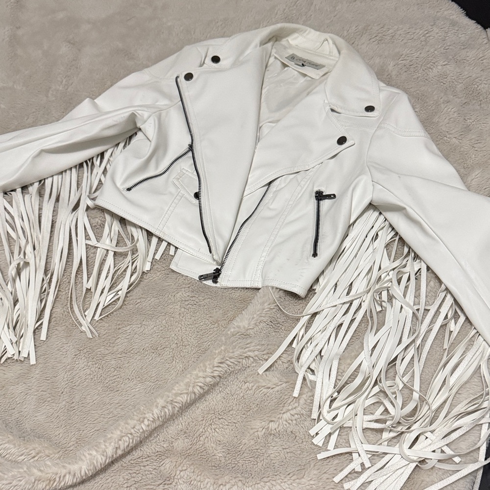 Faux Leather Fringe White Moto Jacket - M - Picture 1 of 16